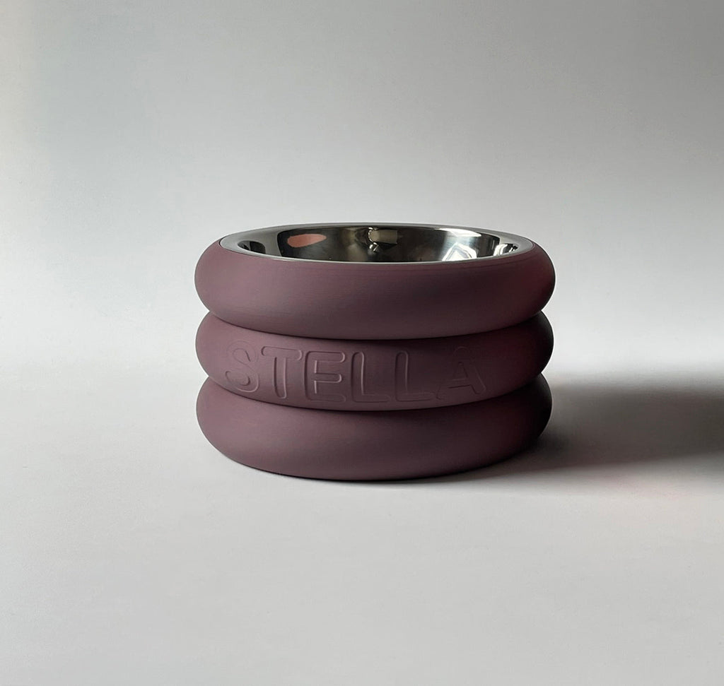 Rings Raised Dog Bowl Stand 9cm in mauve with embossed name and stainless steel bowl