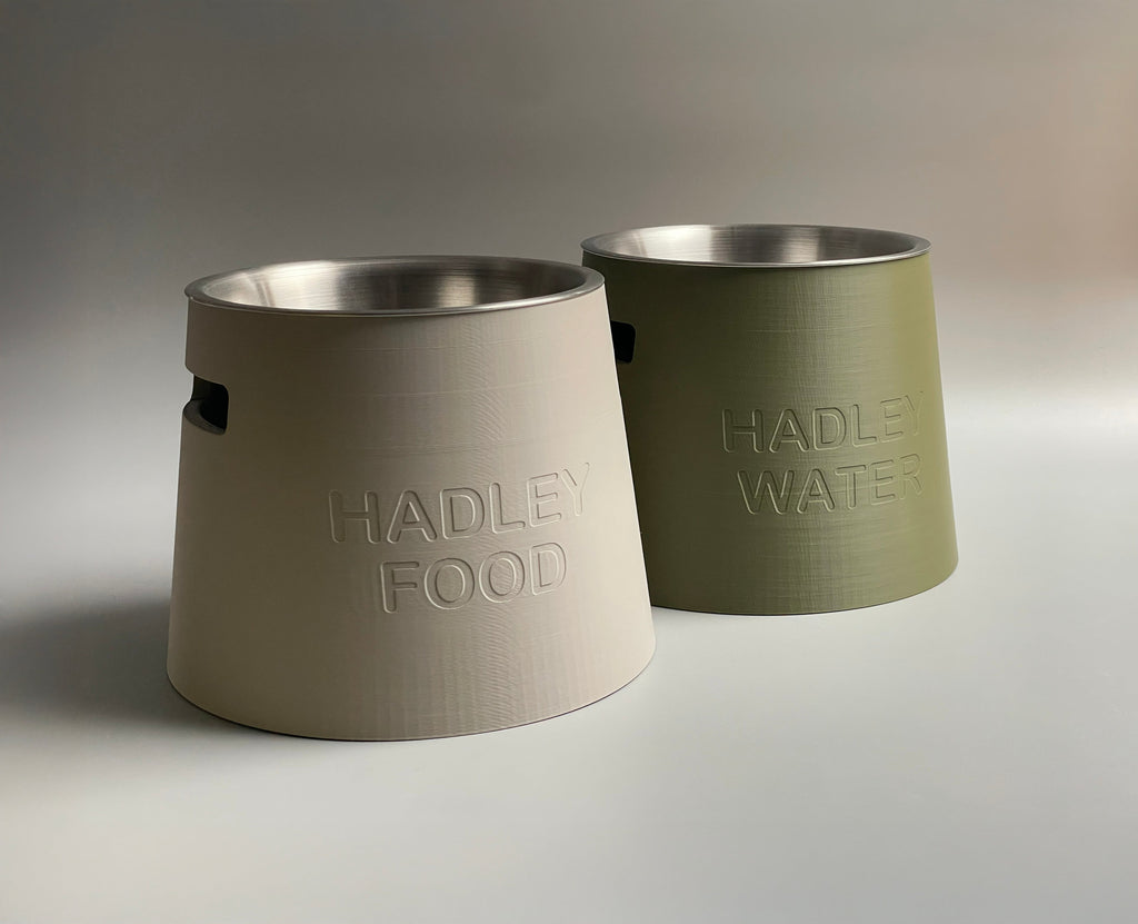 Pair of classic raised stands in cream and sage embossed FOOD and WATER