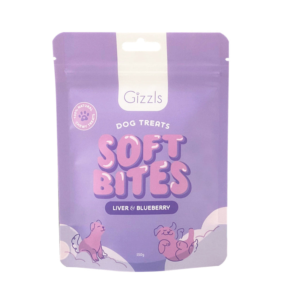 Front of the lilac Soft Bites Ostrich Liver & Blueberry 150g pouch