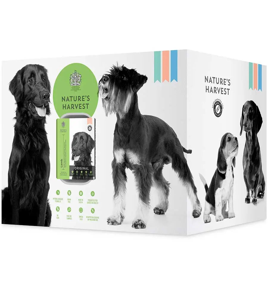 Nature's Harvest wet dog food outer box printed with retriever, schnauzer and spaniel illustrations