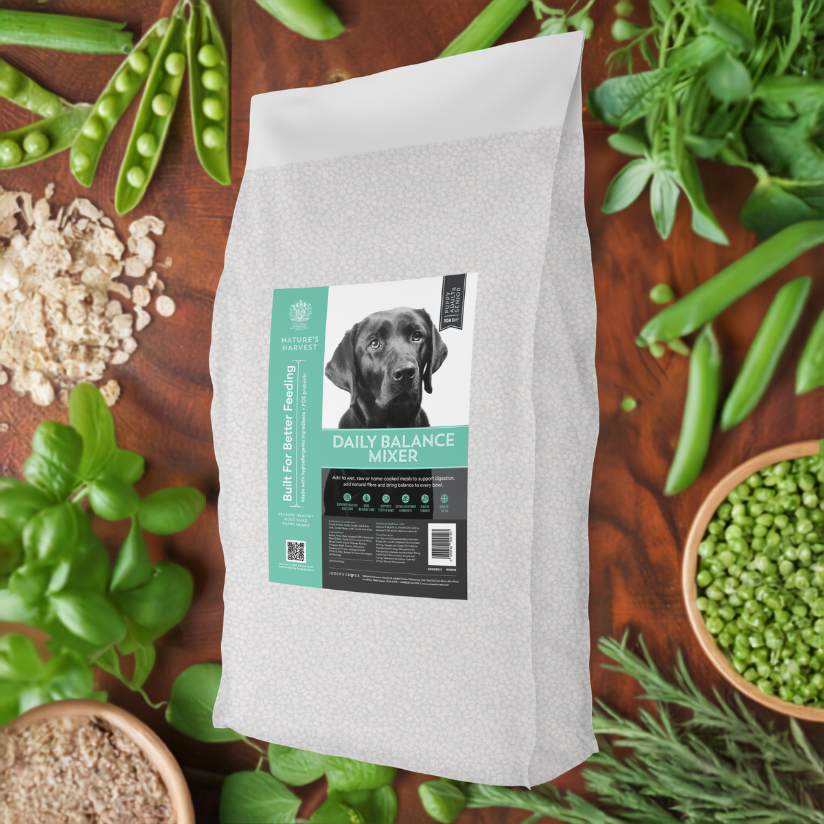 Nature's Harvest Daily Balance Mixer 10kg bag surrounded by peas, oats, basil and herbs
