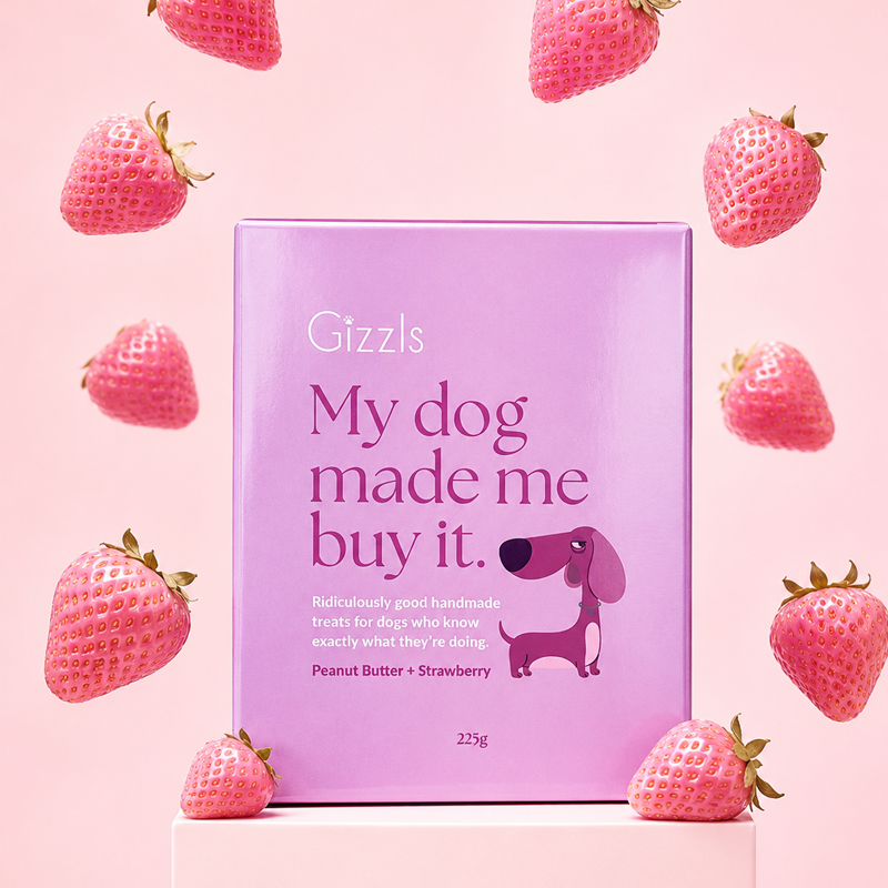 Pink My Dog Made Me Buy It Peanut Butter & Strawberry treat box surrounded by strawberries