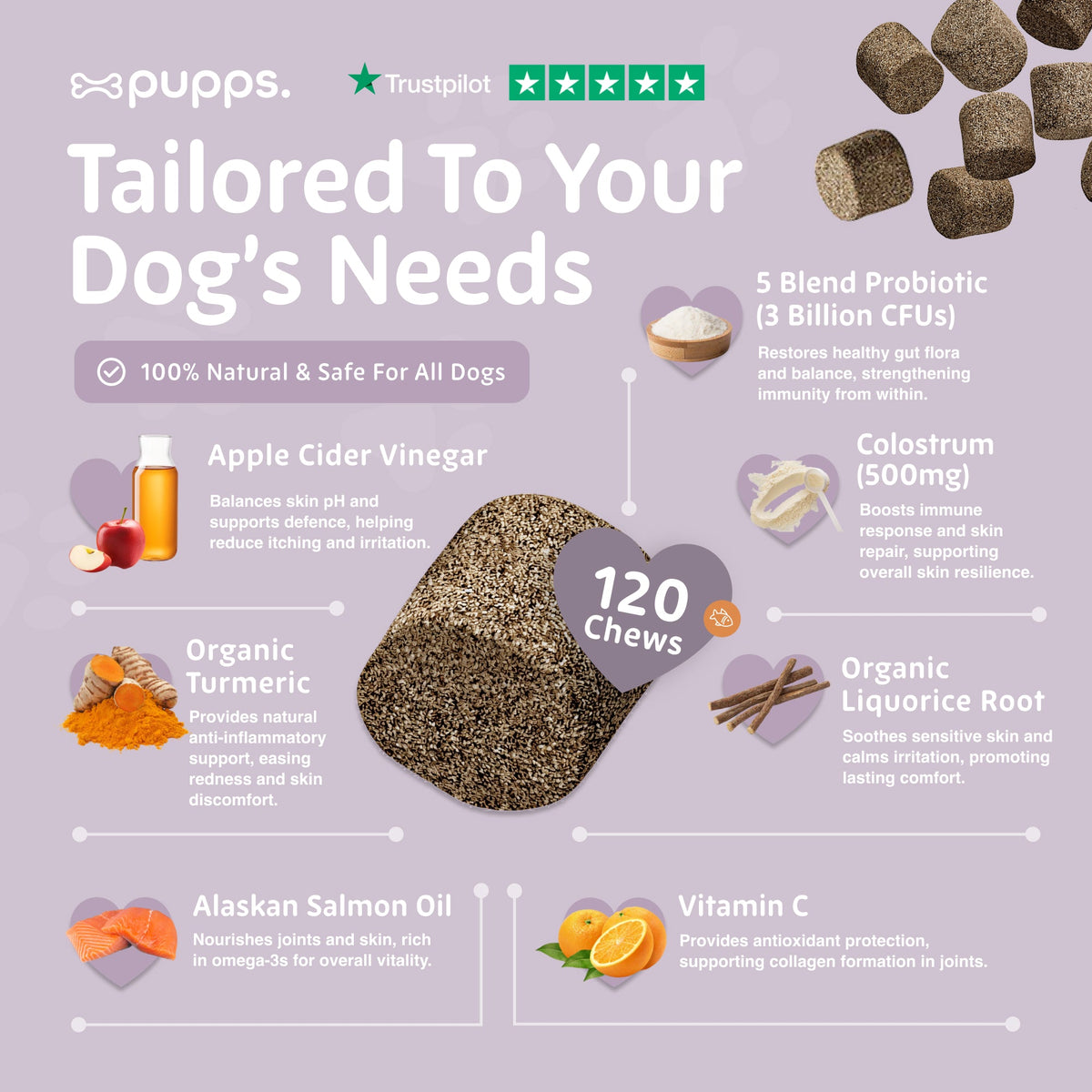 Pupps soft chew with salmon oil, turmeric, colostrum and liquorice root icons