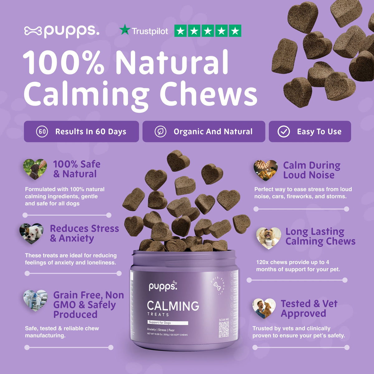 Pupps chamomile chews tub with ingredient icons on a purple background