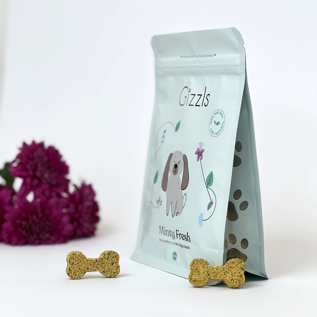 Side view of the Minty Fresh Big Dog Treats pouch with biscuits and deep red flowers