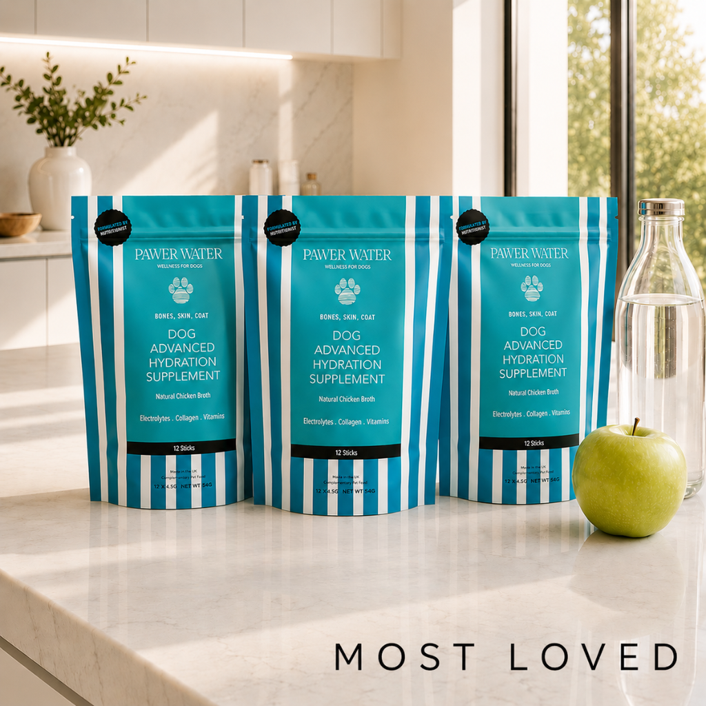 Pawer Water Hydration & Collagen 3-pack: three teal striped pouches on a kitchen counter
