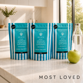 Pawer Water Hydration & Collagen 3-pack: three teal striped pouches on a kitchen counter