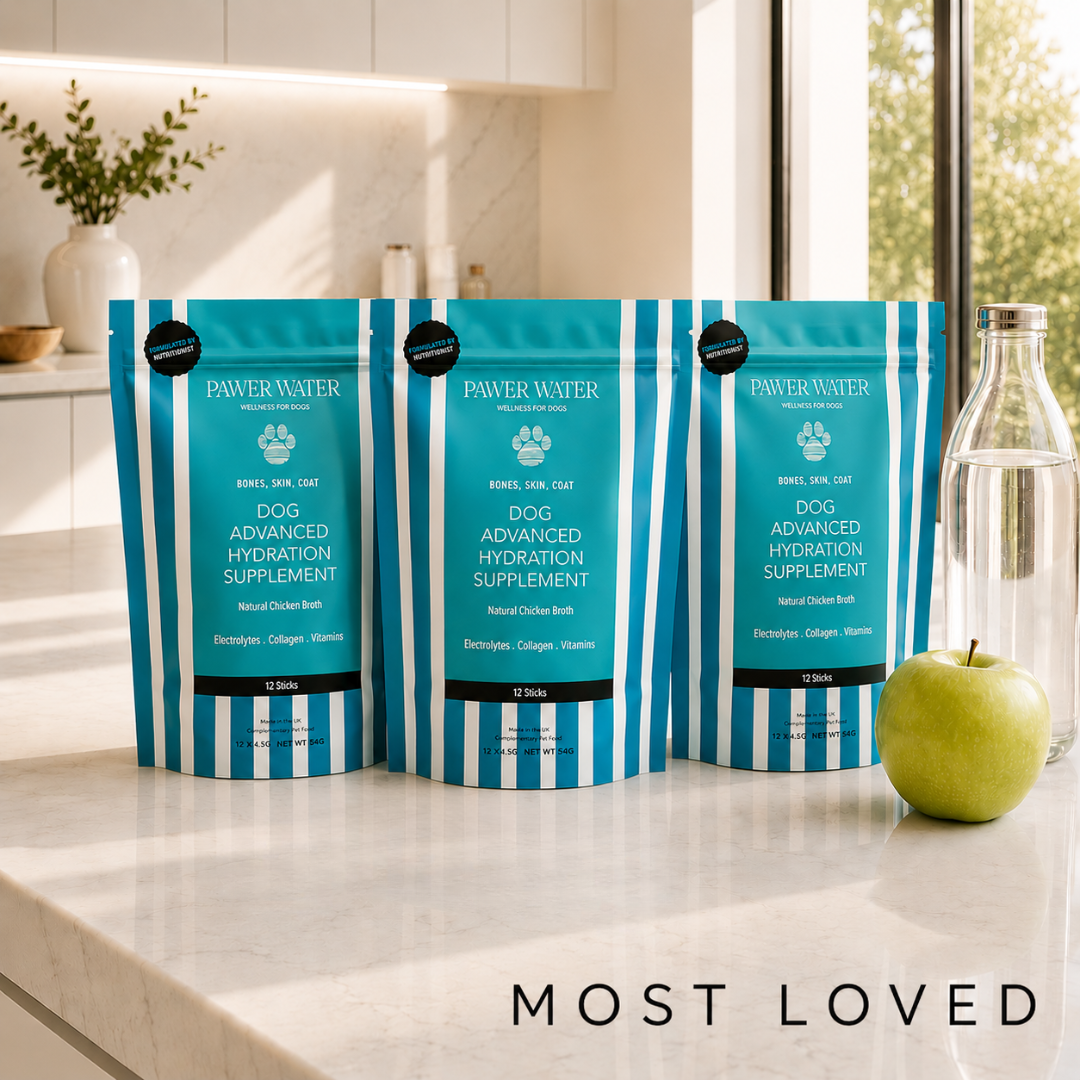 Pawer Water Hydration & Collagen 3-pack: three teal striped pouches on a kitchen counter