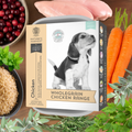Nature's Harvest Chicken & Brown Rice puppy food tray with beagle puppy, chicken, rice, carrots and herbs