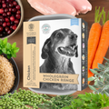 Nature's Harvest Chicken & Brown Rice Senior wet dog food tray with grey-muzzled dog, chicken, rice, peas and carrots