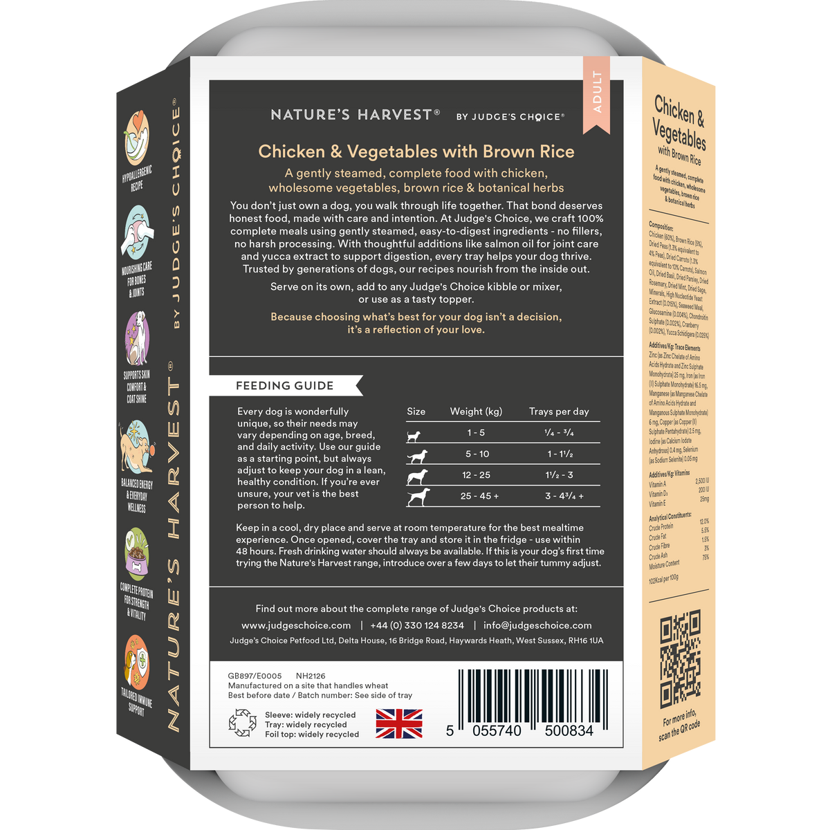 Back of the Chicken & Vegetables with Brown Rice tray showing feeding guide and recipe text