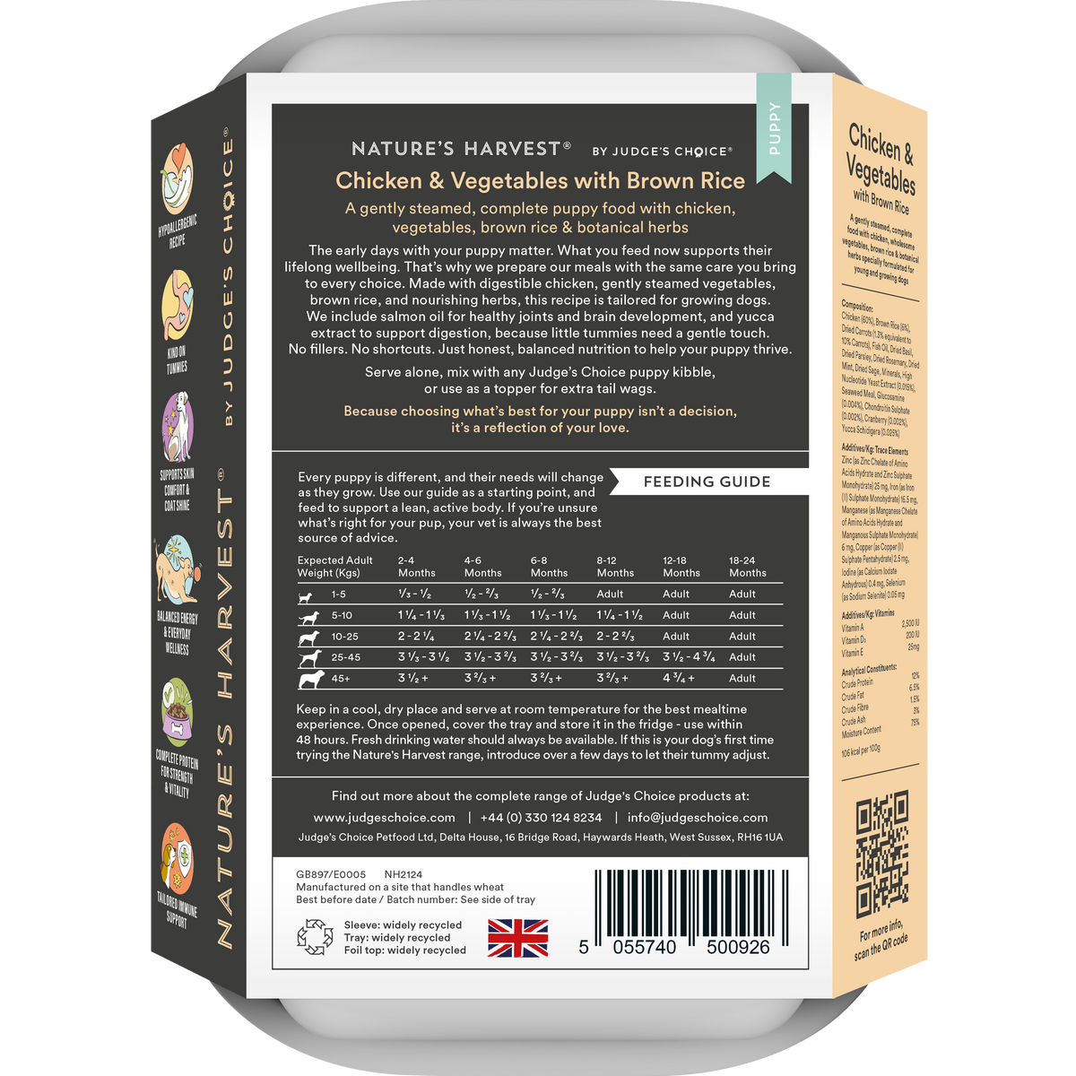 Back of the Chicken & Vegetables with Brown Rice puppy tray showing feeding guide