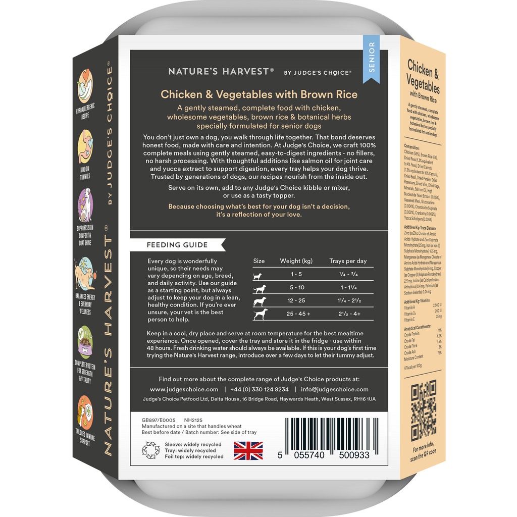 Back of the senior Chicken & Vegetables with Brown Rice tray showing feeding guide