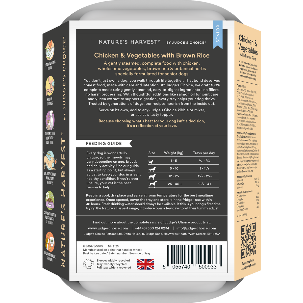 Back of the senior Chicken & Vegetables with Brown Rice tray showing feeding guide