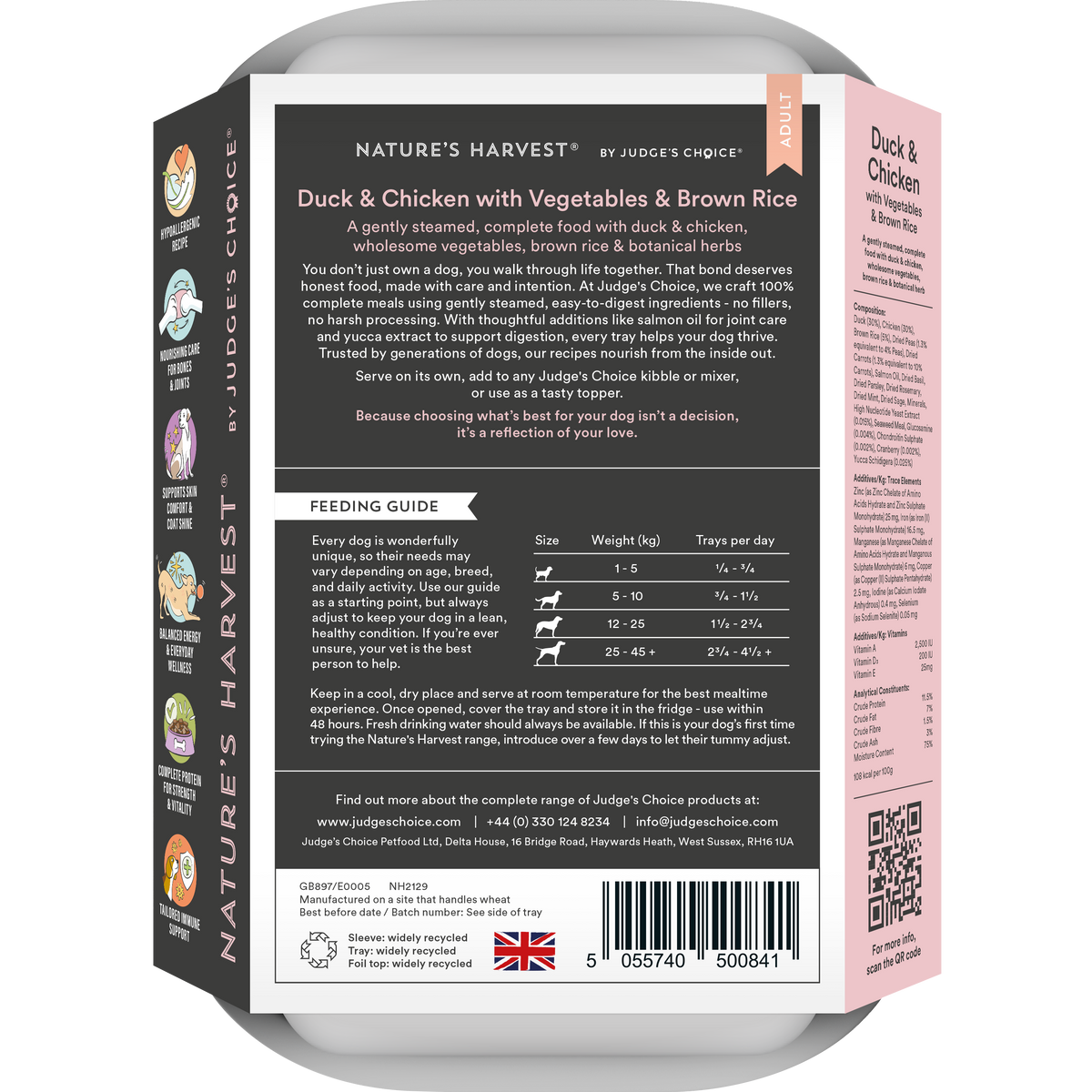 Back of the Duck & Chicken with Vegetables & Brown Rice tray showing feeding guide and recipe text