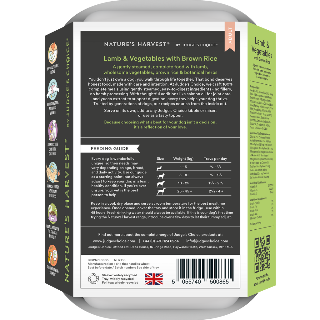 Back of the Lamb & Vegetables with Brown Rice tray showing feeding guide and recipe text