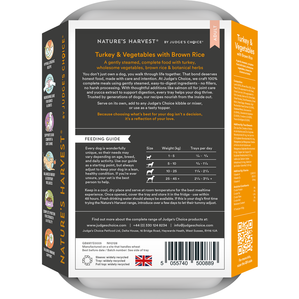 Back of the Turkey & Vegetables with Brown Rice tray showing feeding guide and recipe text