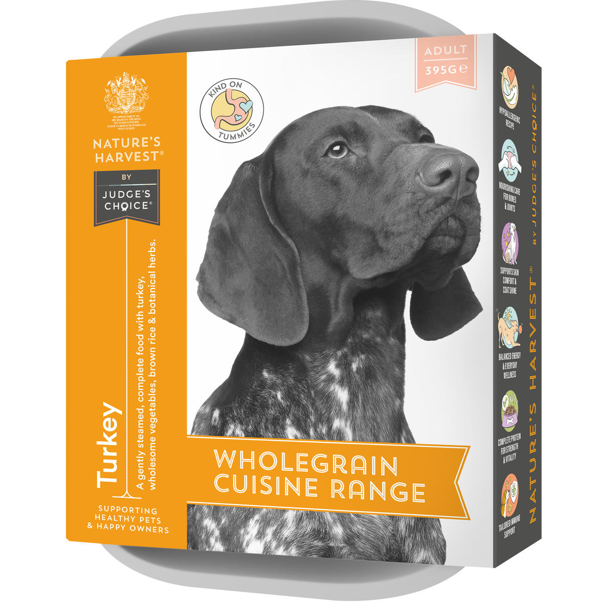 Front of orange Nature's Harvest Turkey wholegrain wet dog food tray with pointer portrait