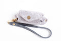 Light grey felt NufNuf Poo Bag Holder with grey leather strap and gold clip