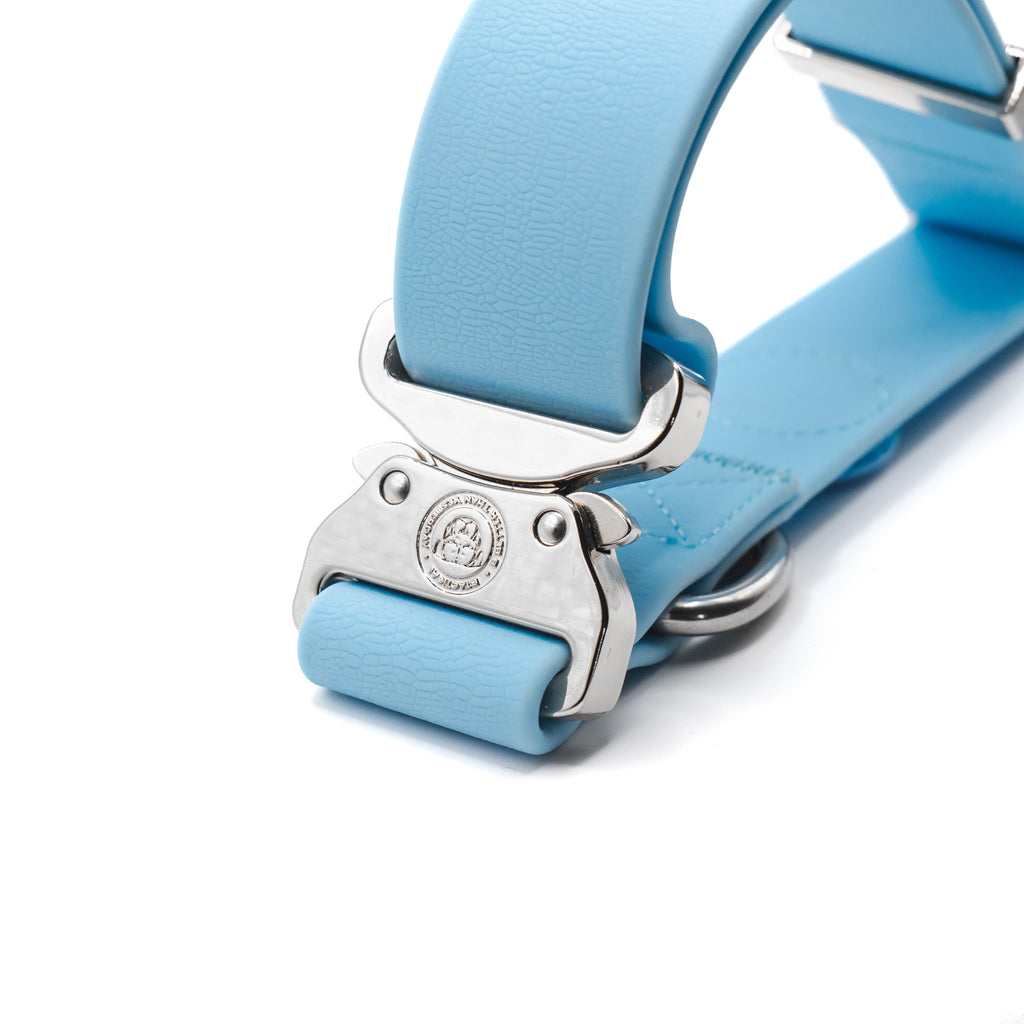 Close-up of the silver BTactical quick-release buckle on the pastel blue PVC collar