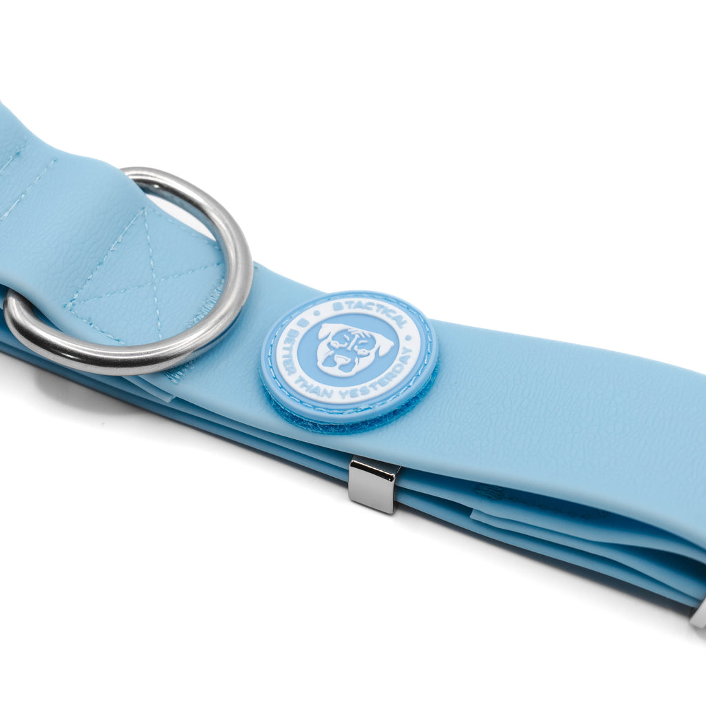 Detail of the D-ring and blue BTactical logo patch on the pastel blue PVC collar