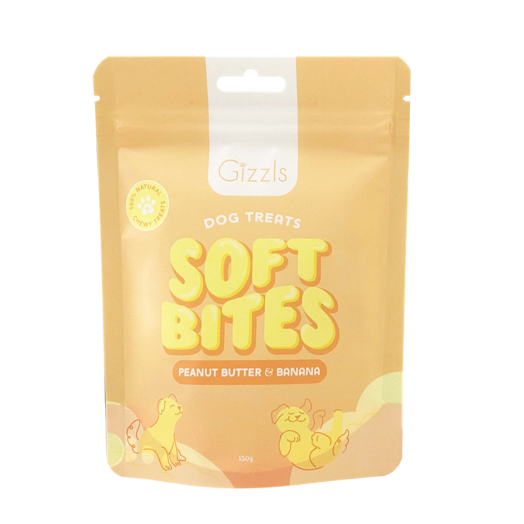 Front of the yellow Soft Bites Peanut Butter & Banana 150g pouch