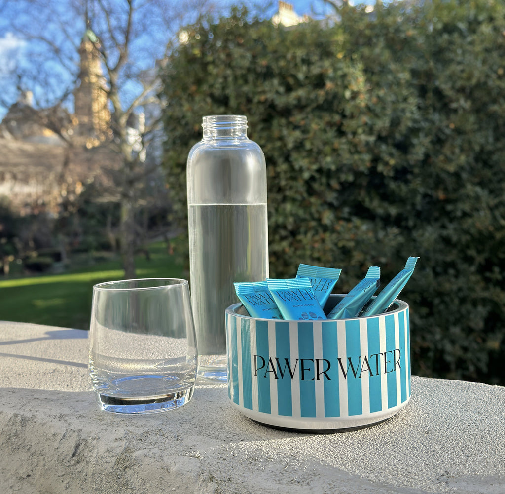 Striped Pawer Water bowl holding hydration sticks beside a water bottle and glass outdoors