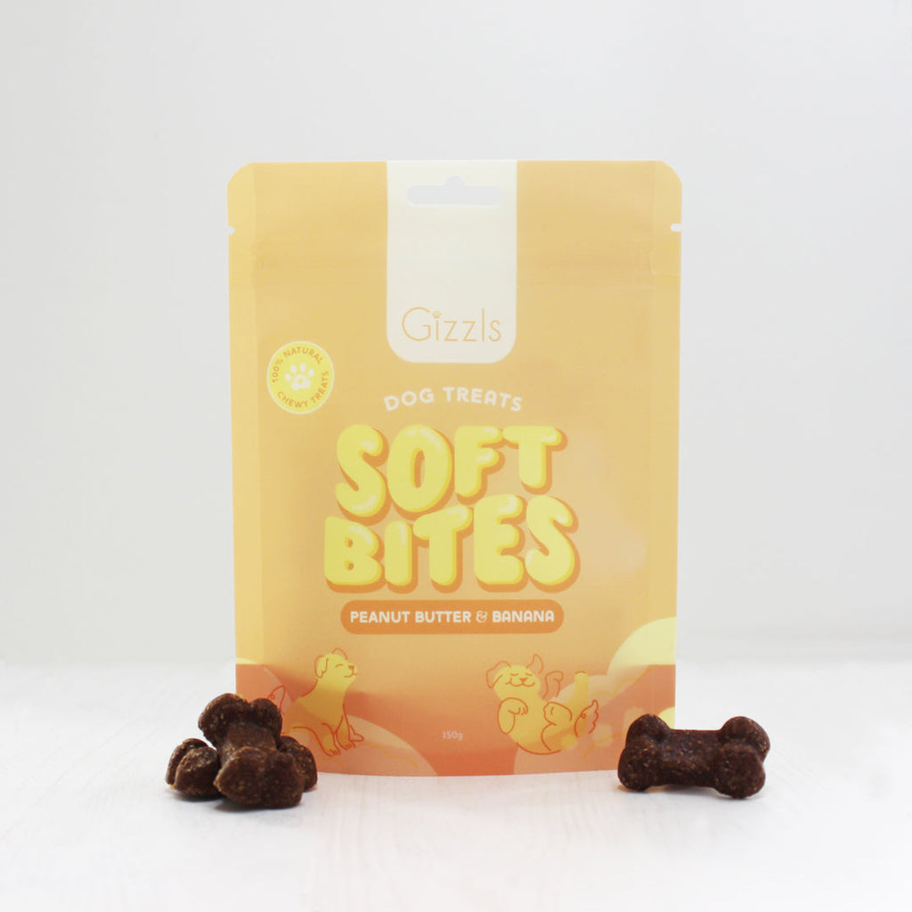 Soft Bites Peanut Butter & Banana 150g pouch with dark soft bone-shaped treats