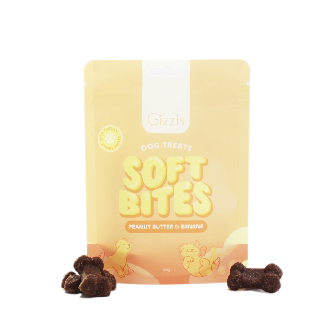 Pale yellow Soft Bites Peanut Butter & Banana pouch with soft treats in front