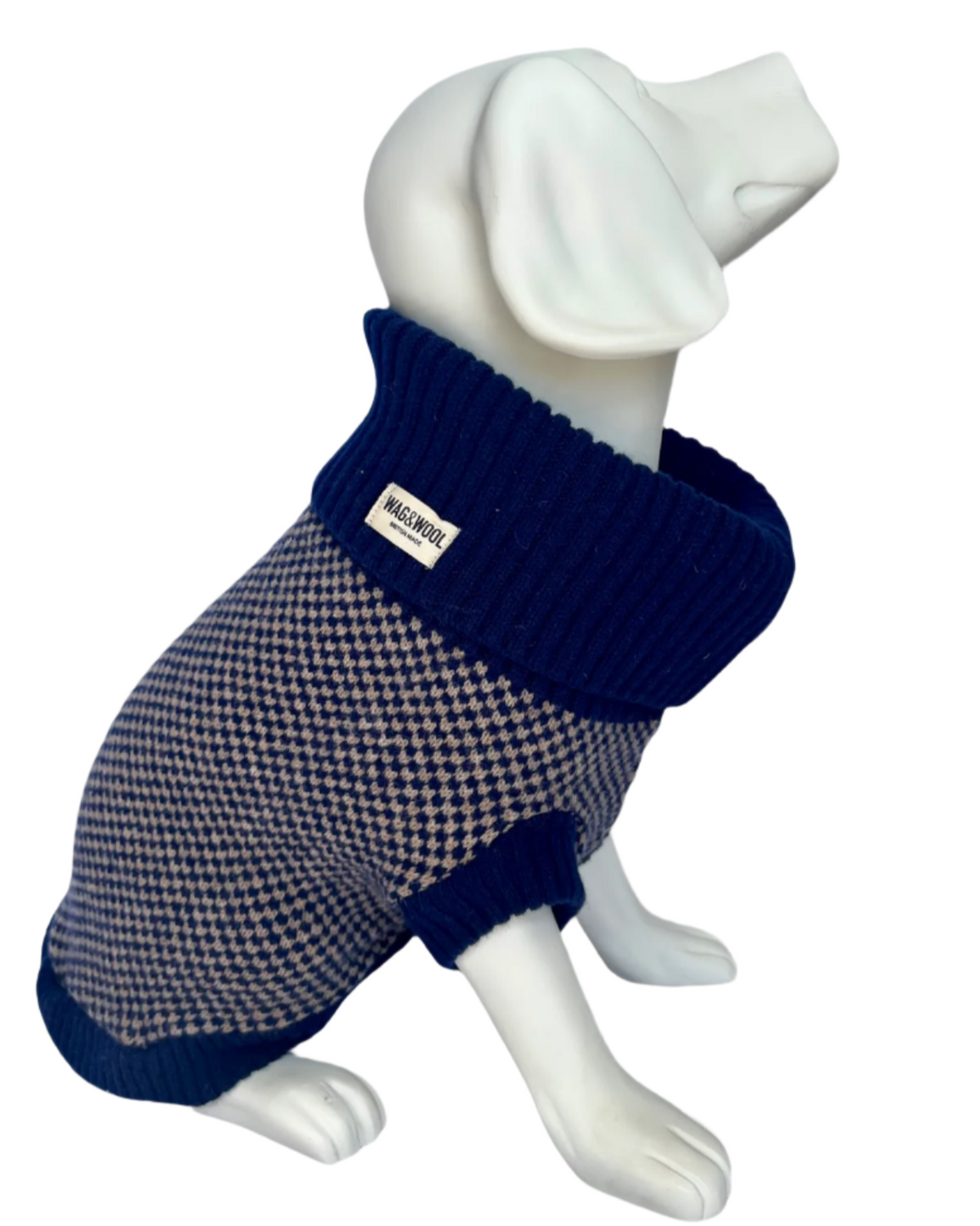 Navy check merino dog jumper on a white dog mannequin