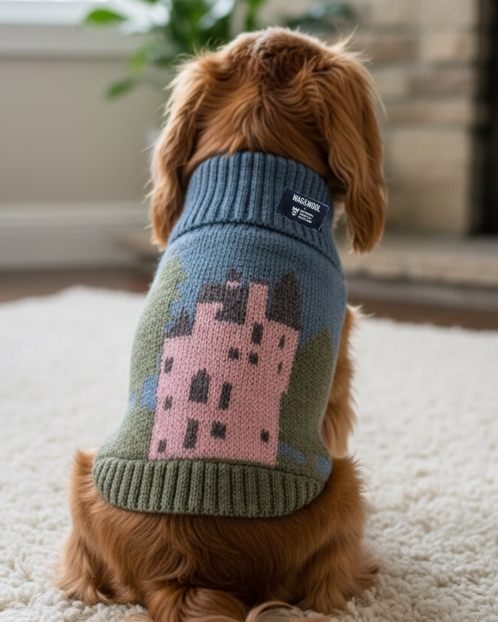 Spaniel seen from behind in a blue and green wool jumper with a pink castle design