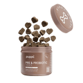 Pupps Pre & Probiotic Treats mauve tub with lid off and heart-shaped brown chews spilling out