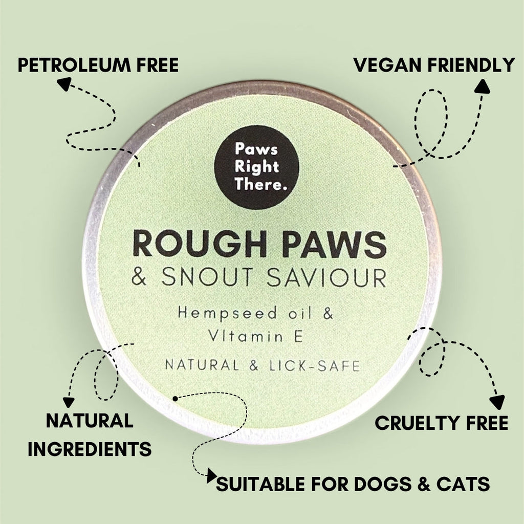 Rough Paws and Snout Saviour balm tin with hempseed oil and vitamin E on green