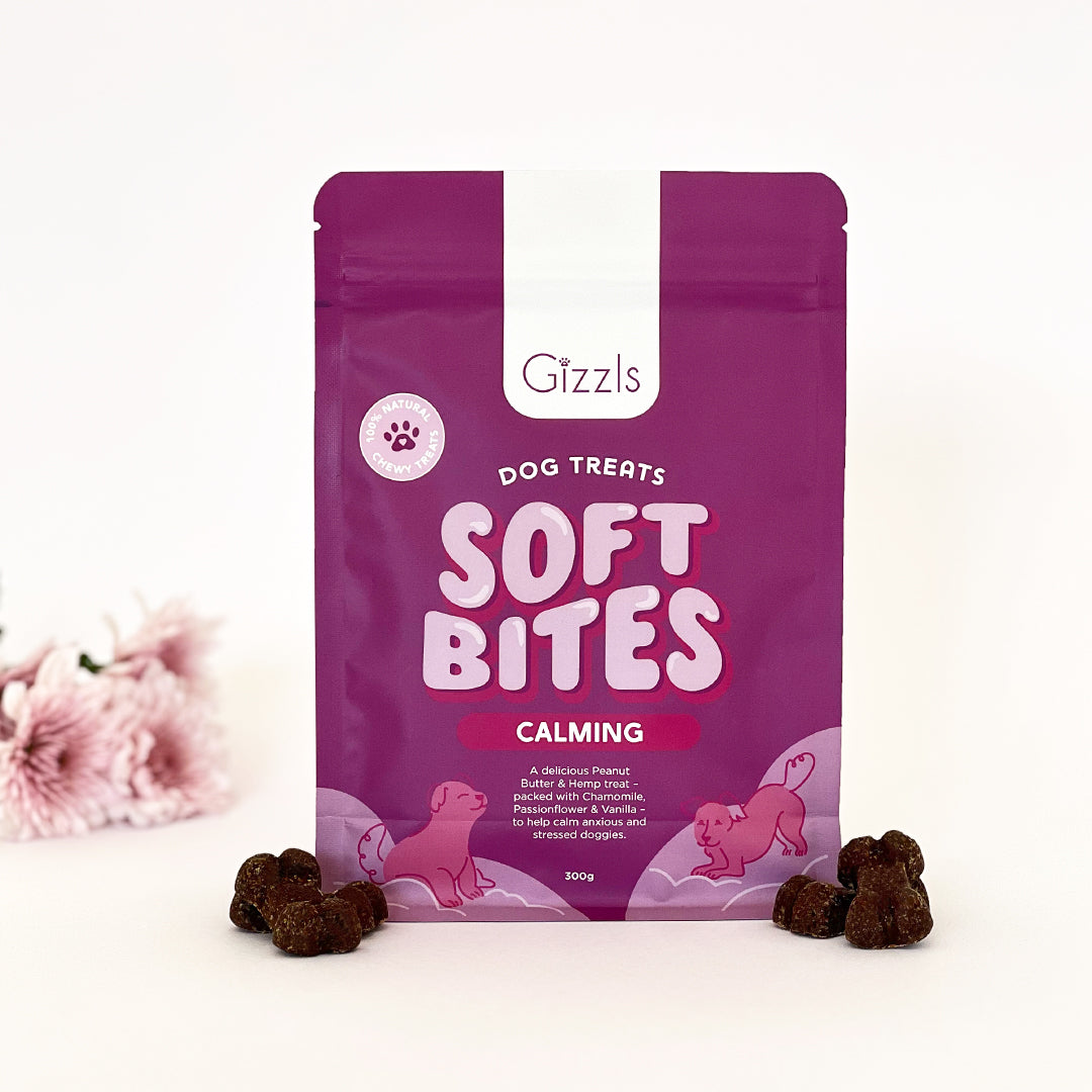 Gizzls Soft Bites Calming purple bag with soft brown bites and pink flowers