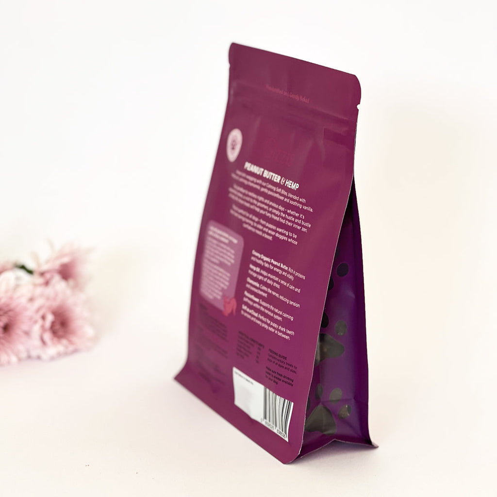 Side view of the Gizzls Soft Bites Calming 300g bag showing the back panel