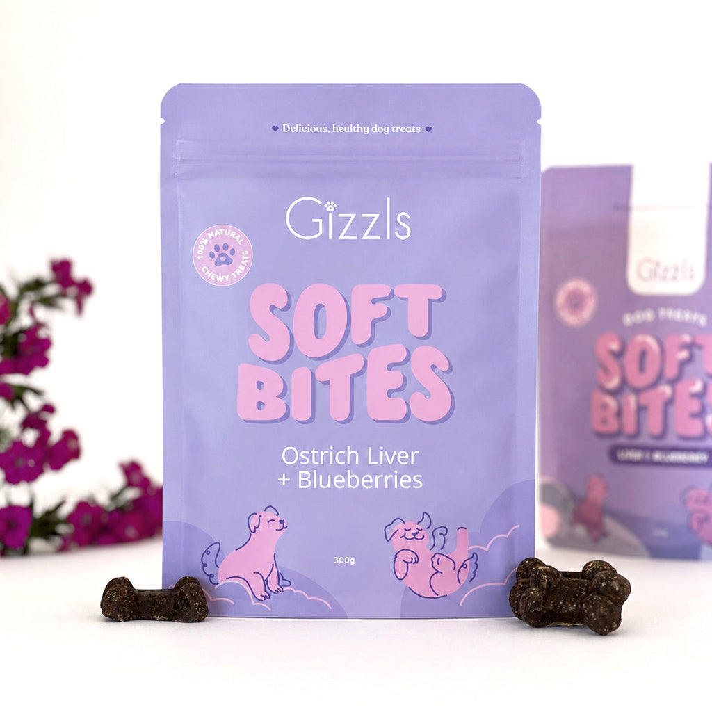 Soft Bites Ostrich Liver & Blueberry 300g pouch with soft treats and magenta flowers