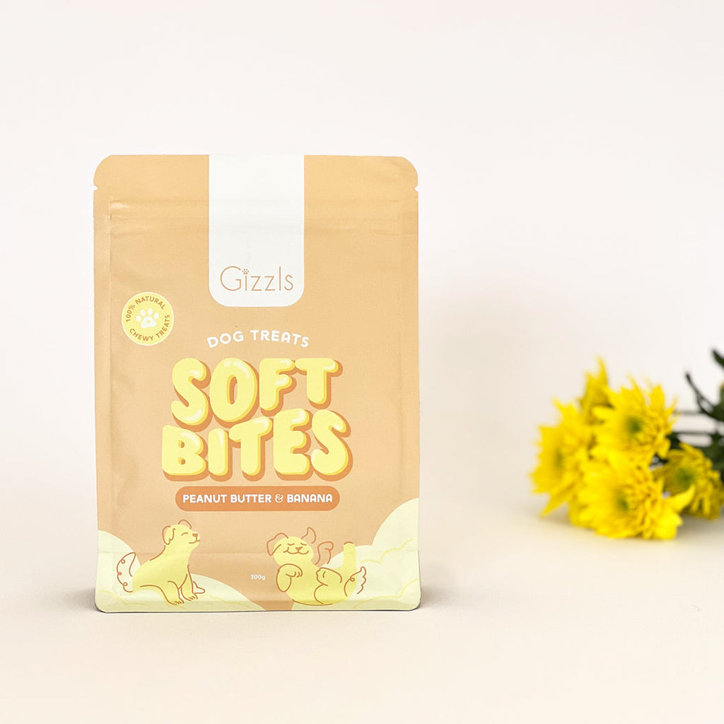 Soft Bites Peanut Butter & Banana 300g pouch beside bright yellow flowers