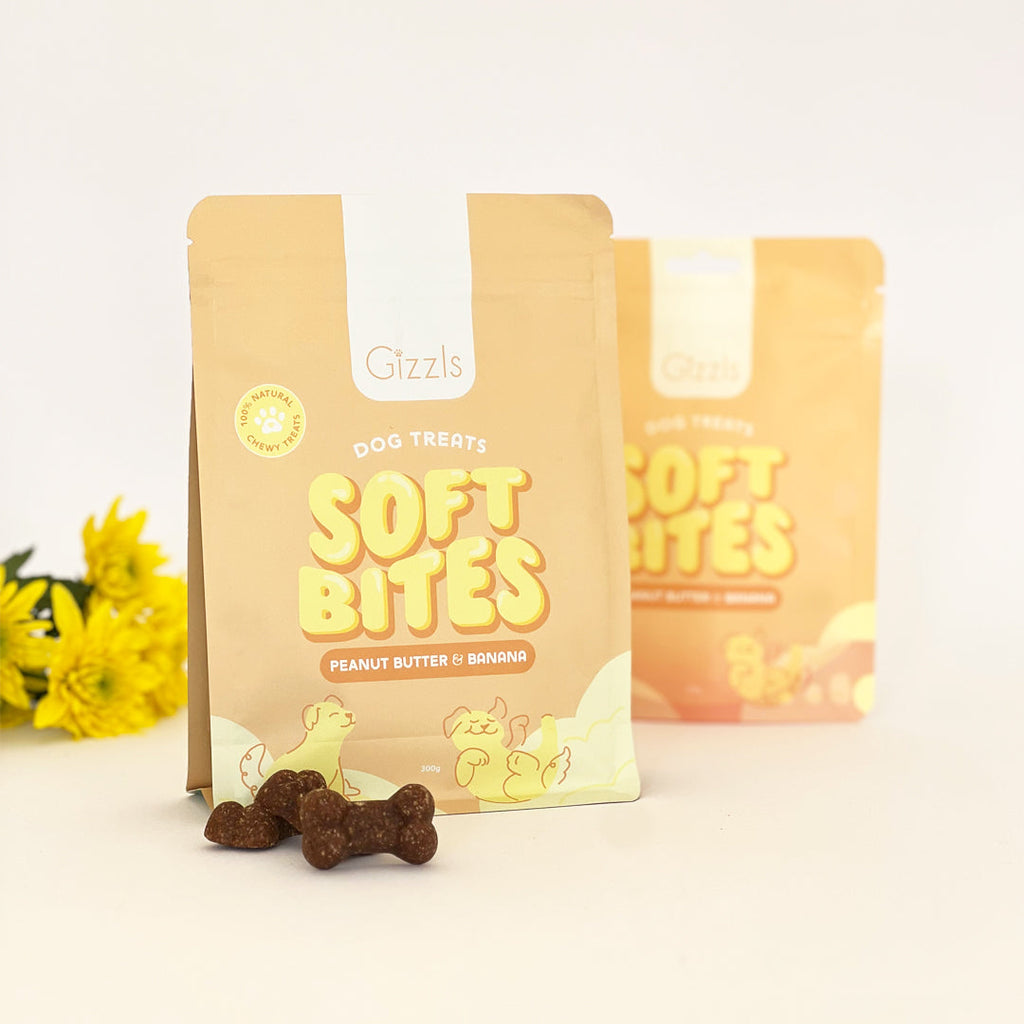 Two Soft Bites Peanut Butter & Banana pouches with soft treats and yellow chrysanthemums