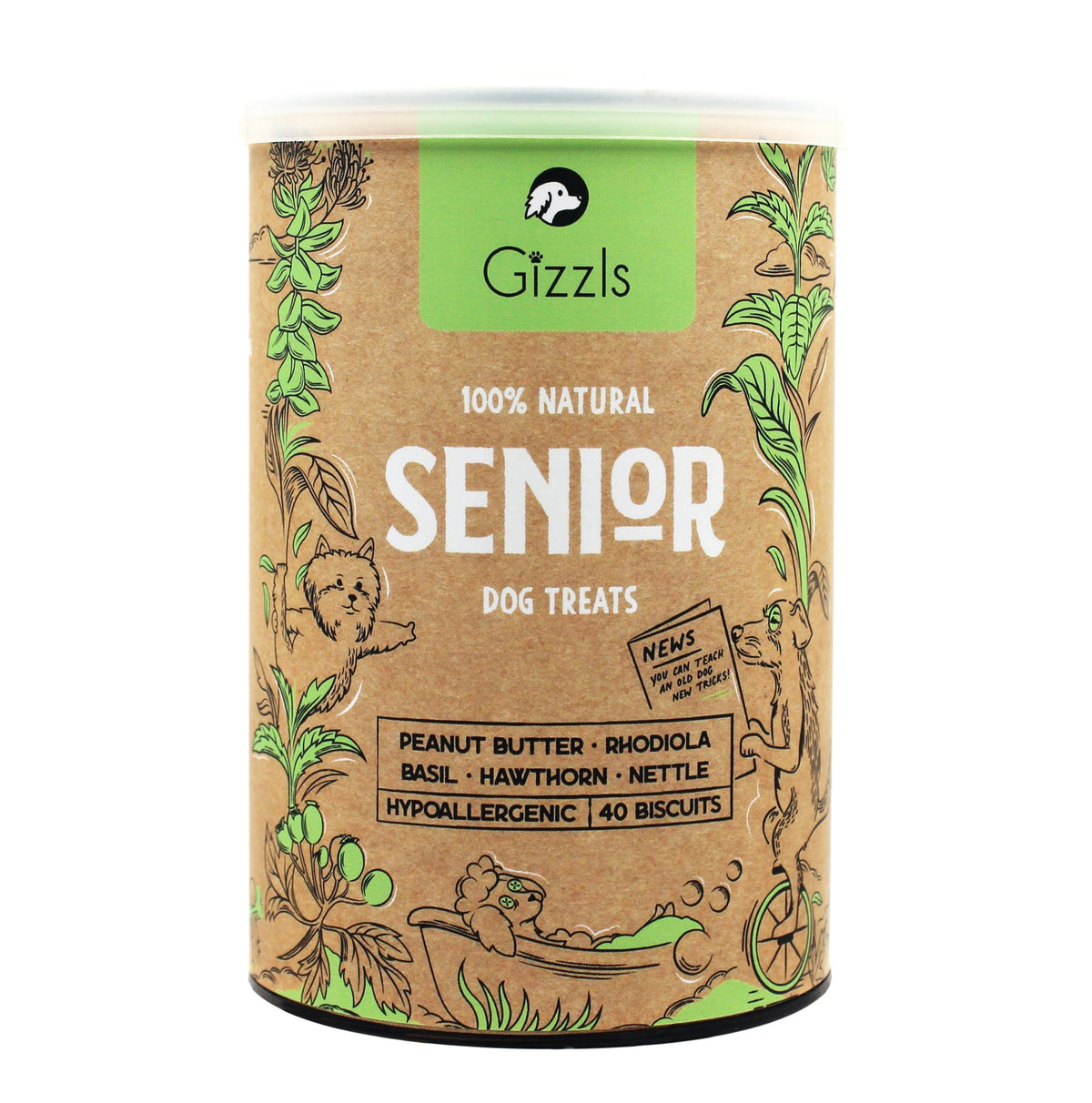 Gizzls Senior Dog Treats kraft tin with green label and botanical illustrations