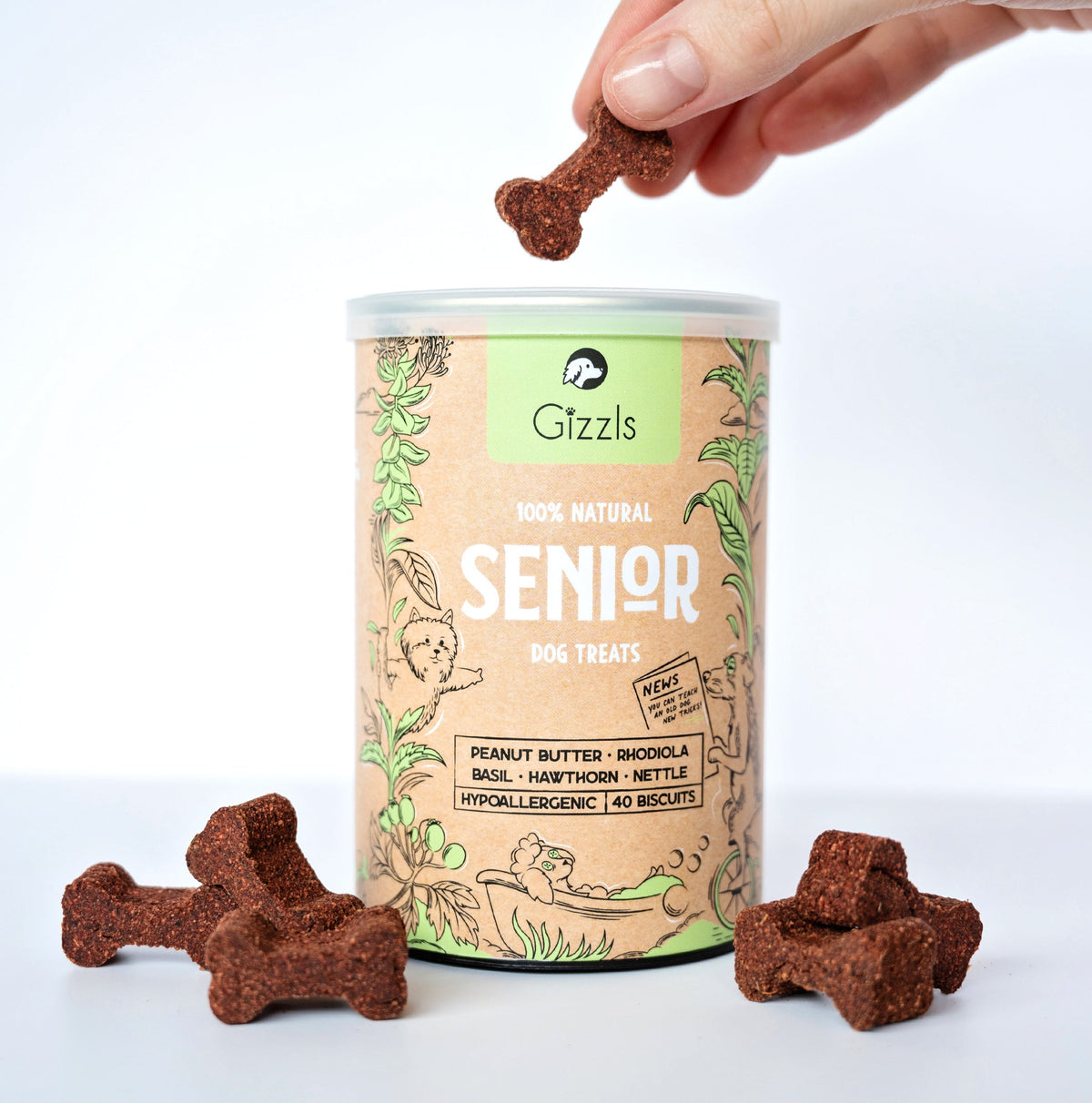 Gizzls Senior tin with green label and brown bone biscuits, included in The Wellness Bundle