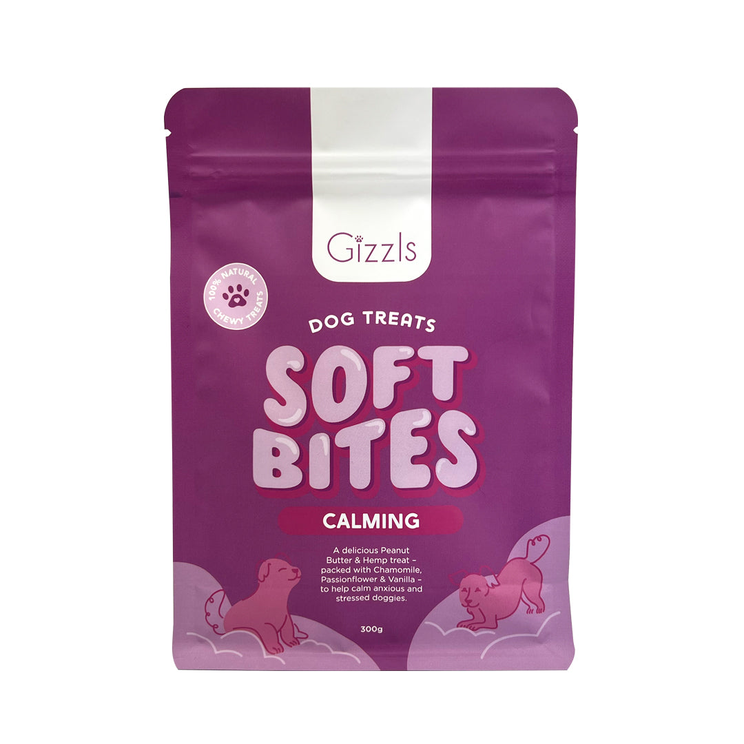 Gizzls Soft Bites Calming 300g purple dog treat bag with puppy illustrations