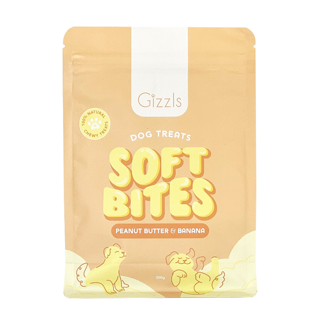 Front of the yellow Soft Bites Peanut Butter & Banana 300g pouch