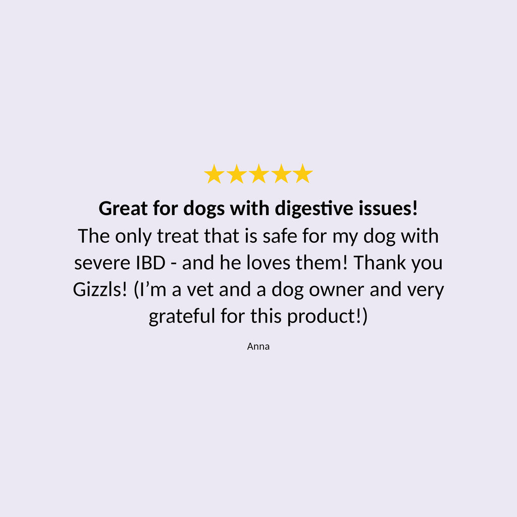 Customer quote card for Gizzls Soft Bites Liver & Blueberry on a lilac background