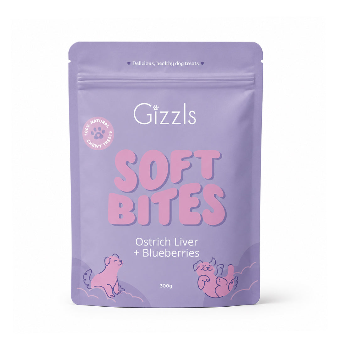 Front of the lilac Soft Bites Ostrich Liver & Blueberries 300g pouch