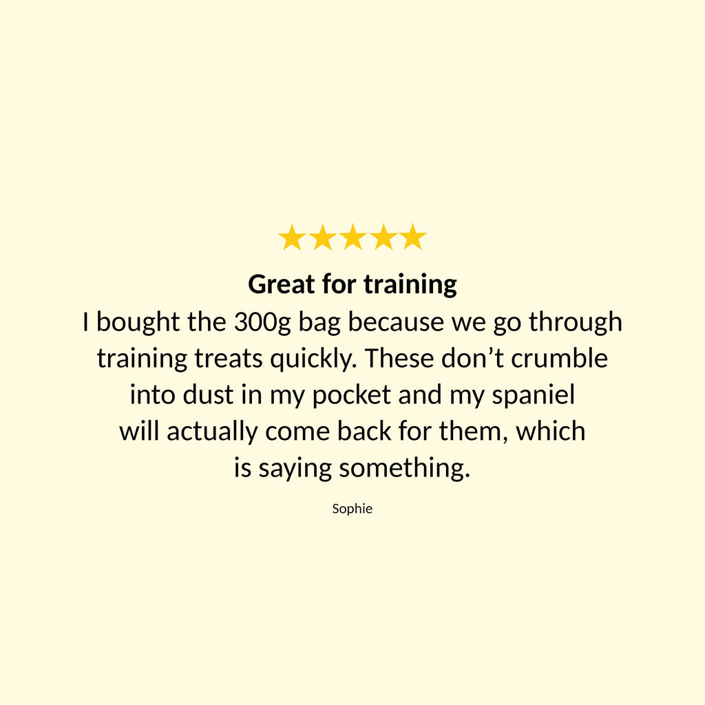 Customer quote card for Soft Bites Peanut Butter & Banana training treats on a pale yellow background