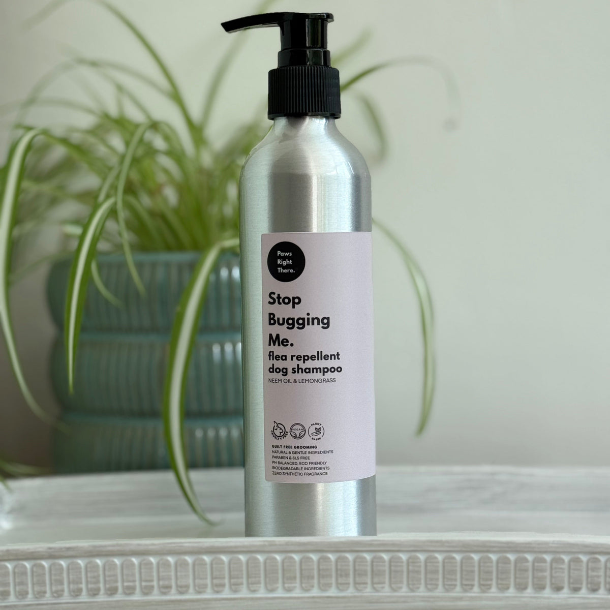 Neem and lemongrass dog shampoo in a 250ml aluminium bottle with black pump