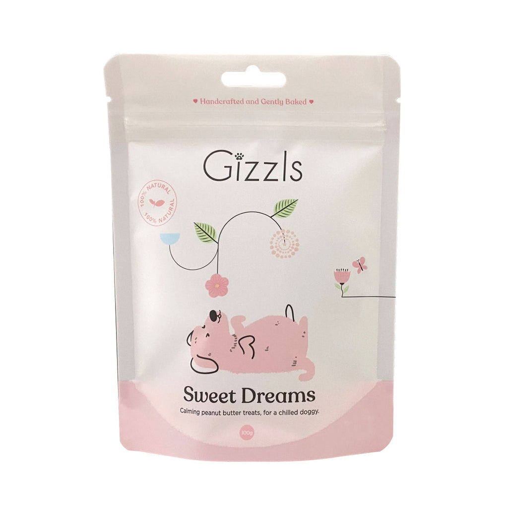 Front of the pink and white Gizzls Sweet Dreams Small Dog Treats 100g pouch