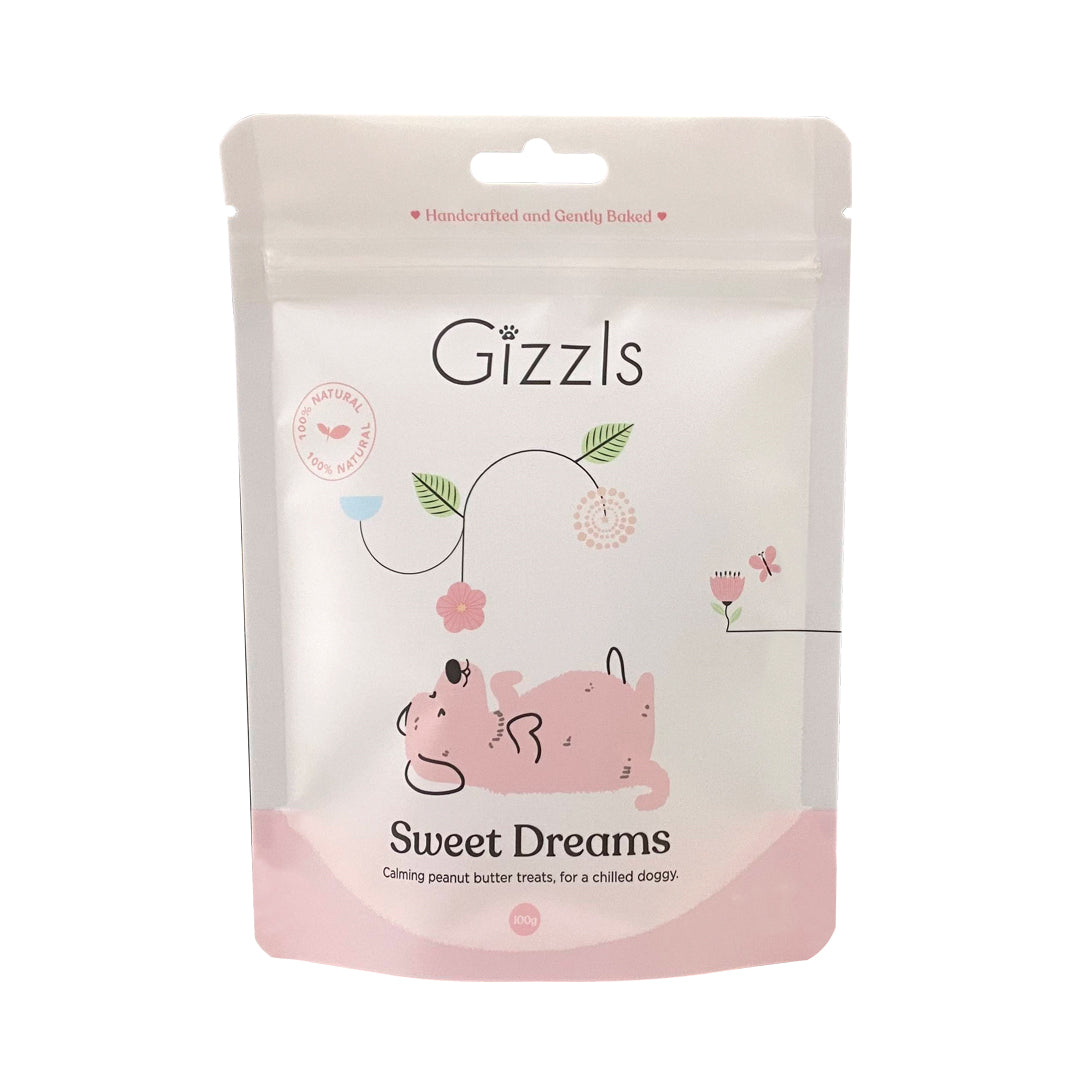 Front of the pink and white Gizzls Sweet Dreams Small Dog Treats 100g pouch
