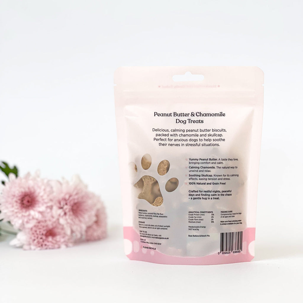 Back of the Sweet Dreams Small Dog Treats pouch showing peanut butter & chamomile details