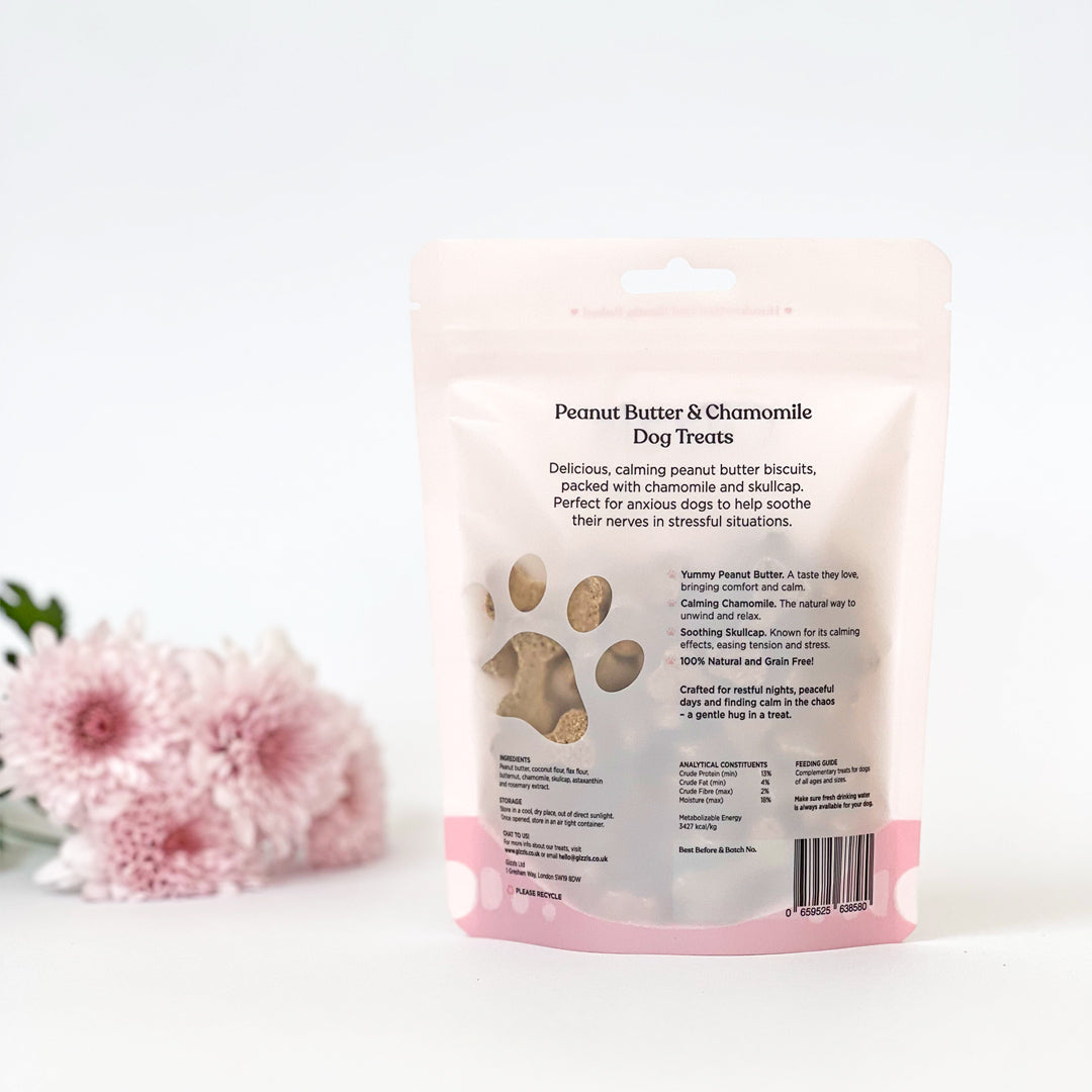 Back of the Sweet Dreams Small Dog Treats pouch showing peanut butter & chamomile details